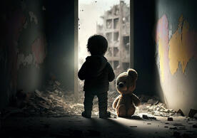 Young child with plush toy in destroyed bombed city. AdobeStock_577960427