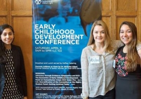 Yale UNICEF President, Neha Anand (L), joins with Harland Dahl (C) and Caroline Tangoren (R) to warmly welcome guests 