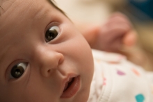 Newborn baby with eyes wide open.