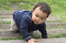 Asian toddler climbing up outdoor wooden stairs. 