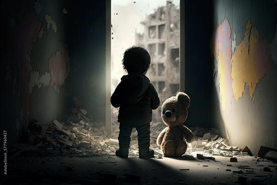 Young child with plush toy in destroyed bombed city. AdobeStock_577960427